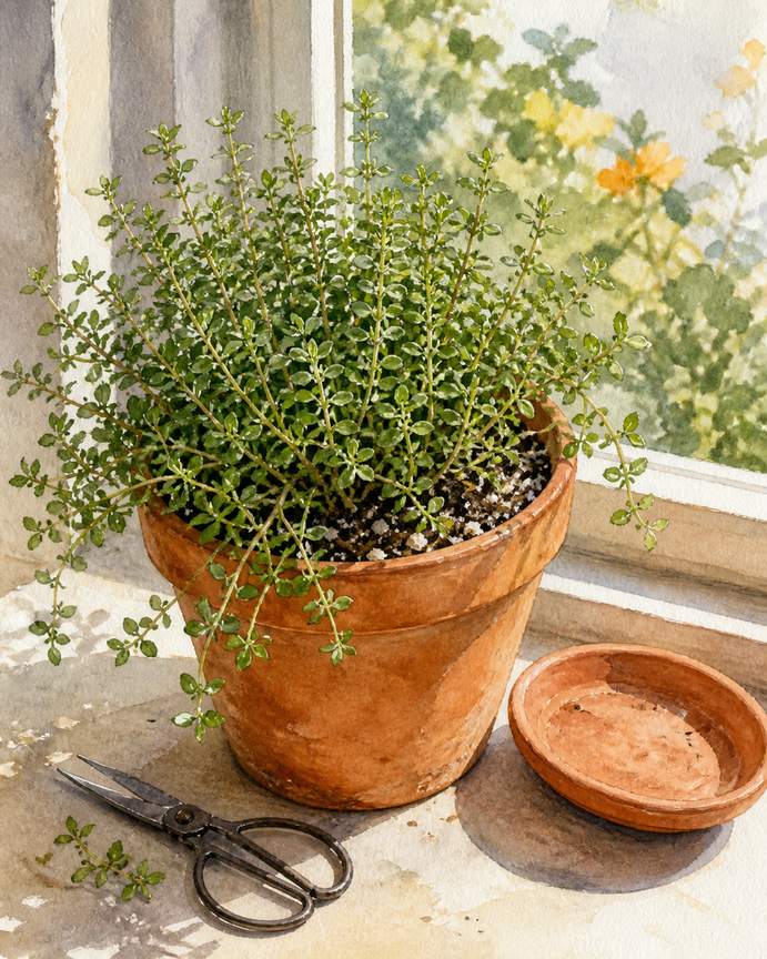 4. Let Common Thyme Fill One Small Clay Pot — AI concept illustration