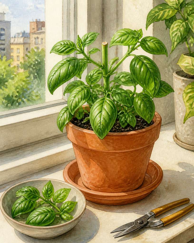 1. Basil: Pinch Above a Leaf Pair for Bushier Regrowth — AI concept illustration