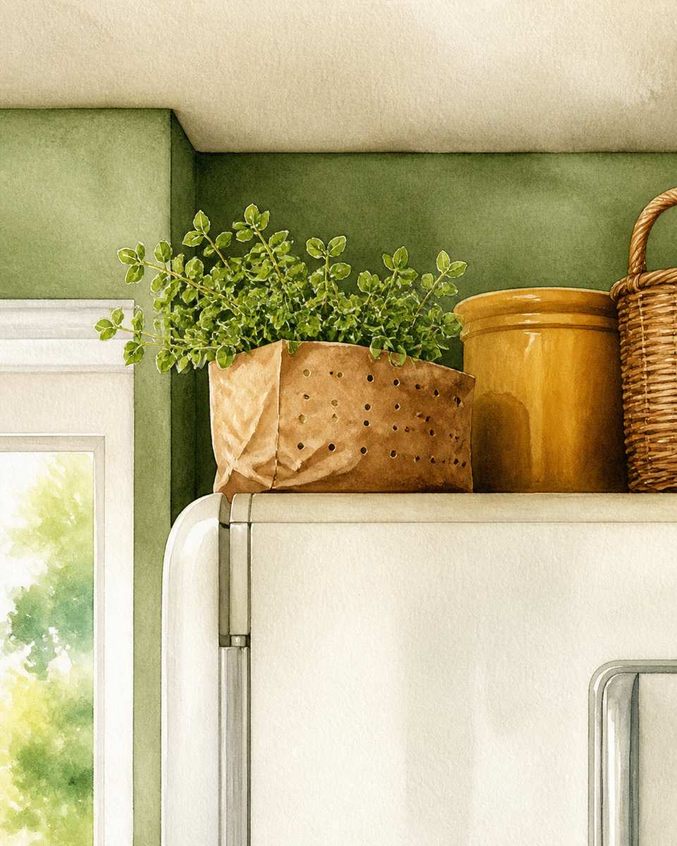 2. Dry Herbs in a Paper-Bag Sleeve Above the Fridge — AI concept illustration