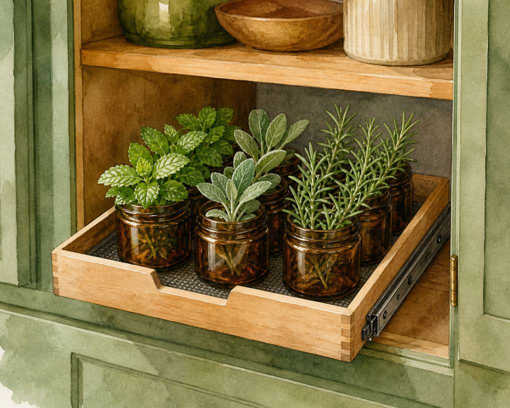 5. Fit Amber Jars into a Shallow Pull-Out Bin — AI concept illustration