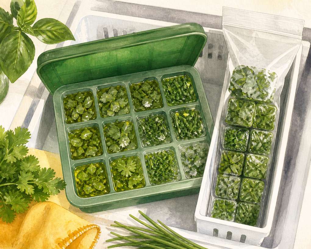 7. Freeze Tender Herbs in a Vertical Cube Tray — AI concept illustration