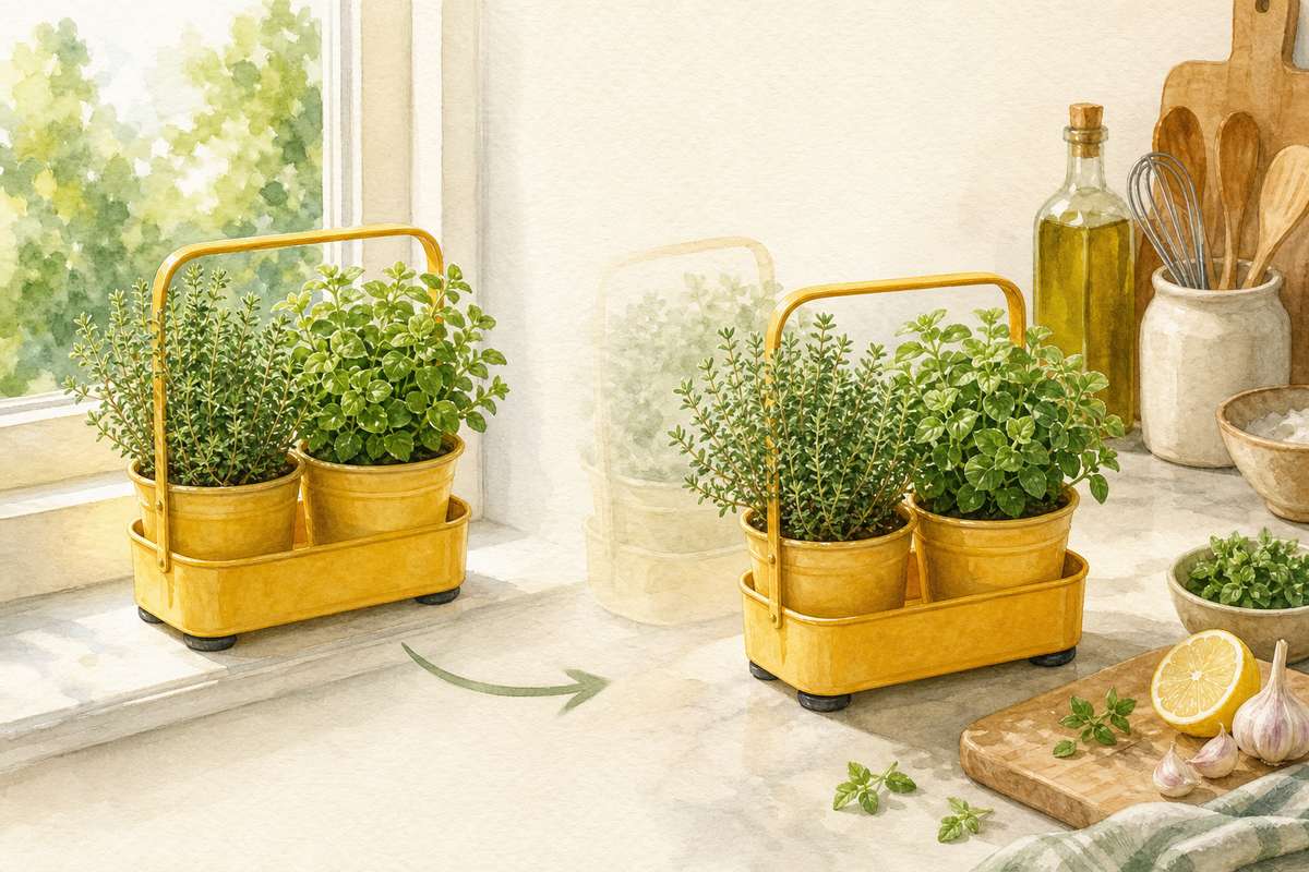 7. Use a Handled Caddy for a Moveable Herb Garden — AI concept illustration