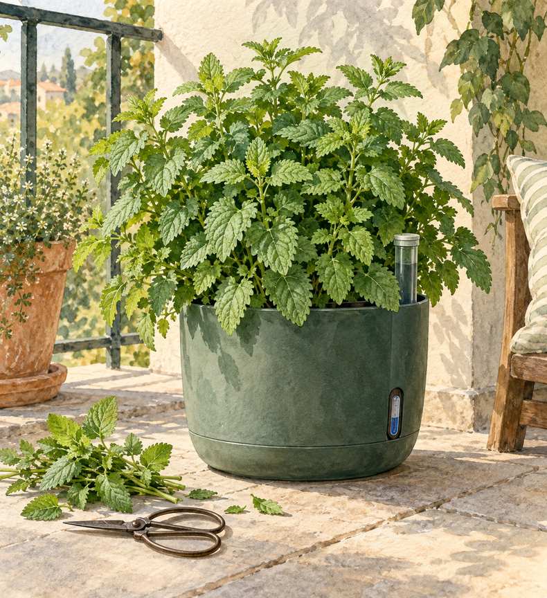 3. Use a Self-Watering Pot for Thirsty Lemon Balm — AI concept illustration