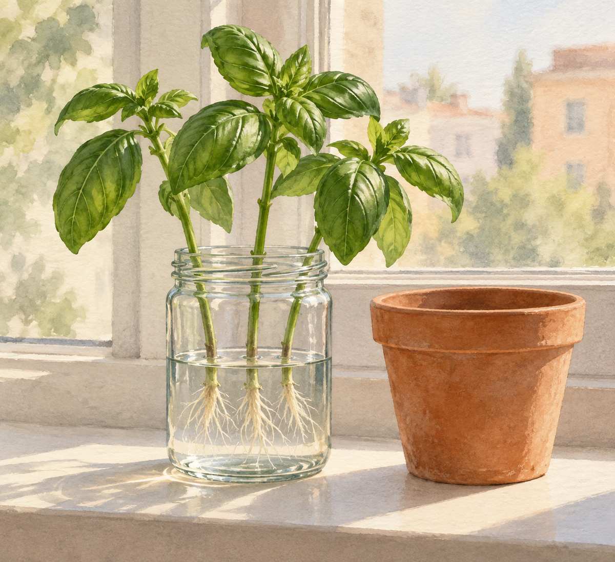 1. Root basil stems in a jam jar — AI concept illustration