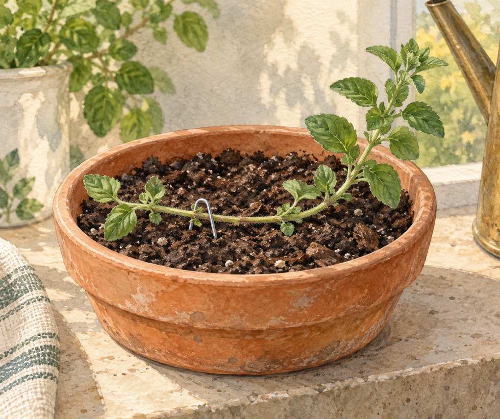 4. Peg oregano stems onto damp mix — AI concept illustration