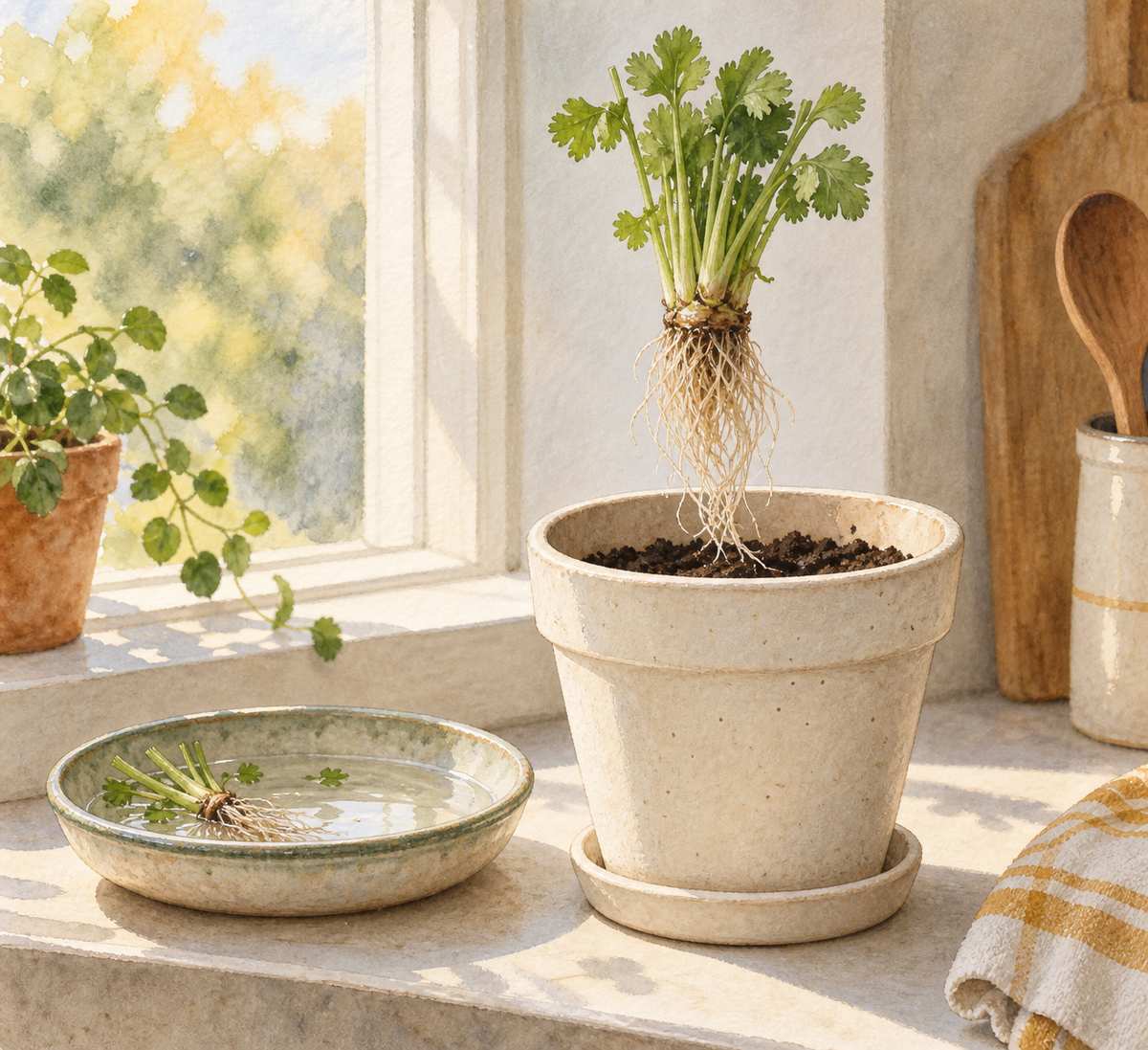 7. Re-sprout cilantro with roots attached — AI concept illustration