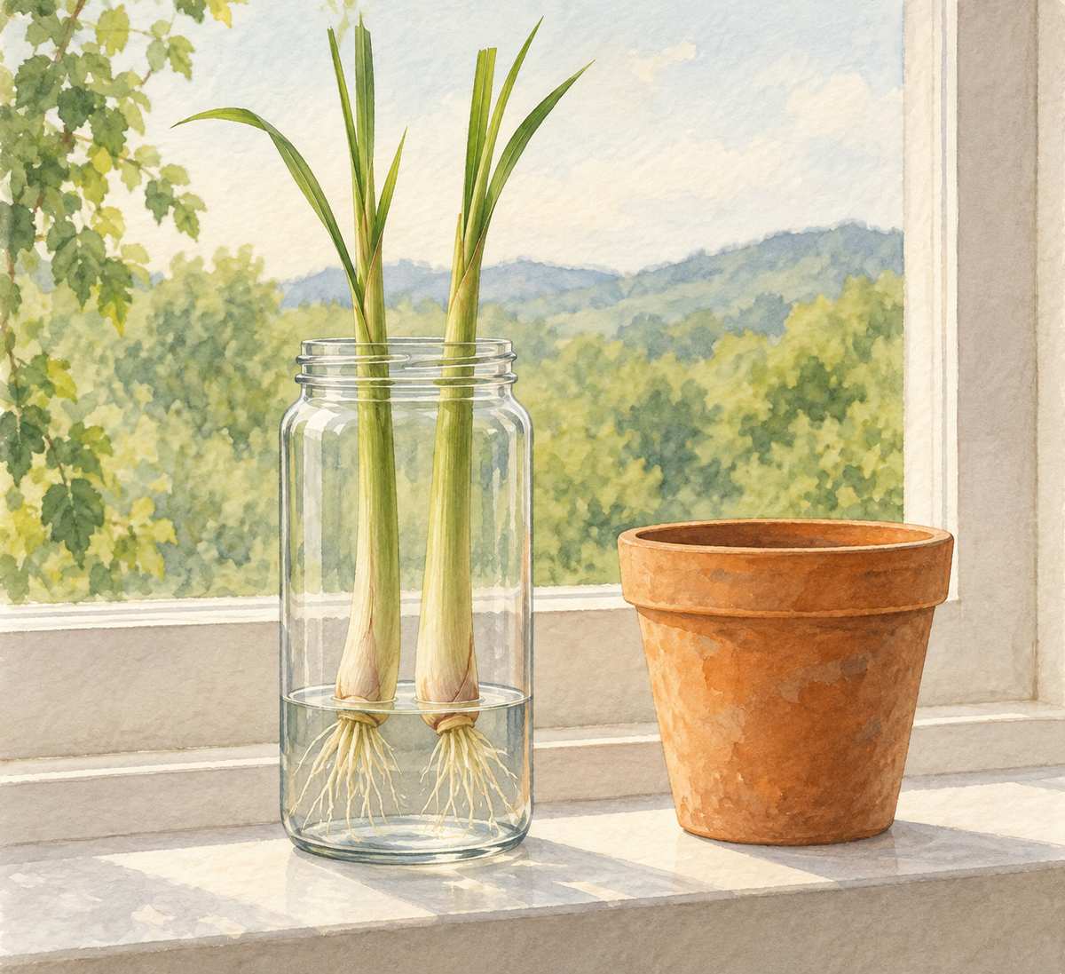 8. Regrow lemongrass bases in a tall jar — AI concept illustration
