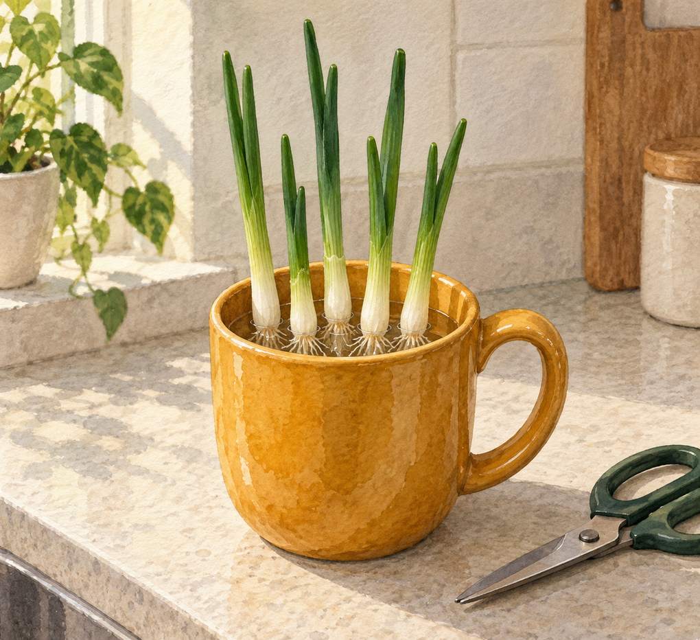 9. Keep green onion stubs in a countertop mug — AI concept illustration