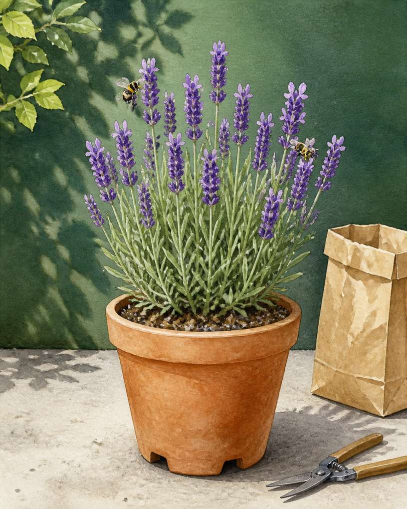 1. Compact English lavender in a fast-draining pot — AI concept illustration