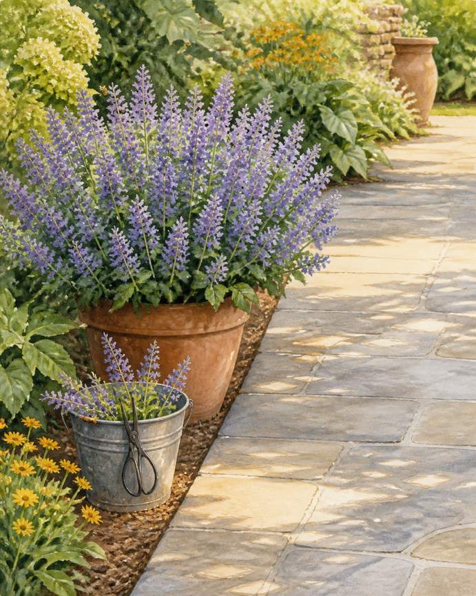 3. 'Junior Walker' catmint kept back from the walkway — AI concept illustration