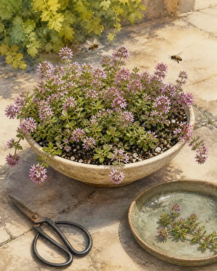 5. Creeping thyme around the rim of a shallow bowl — AI concept illustration