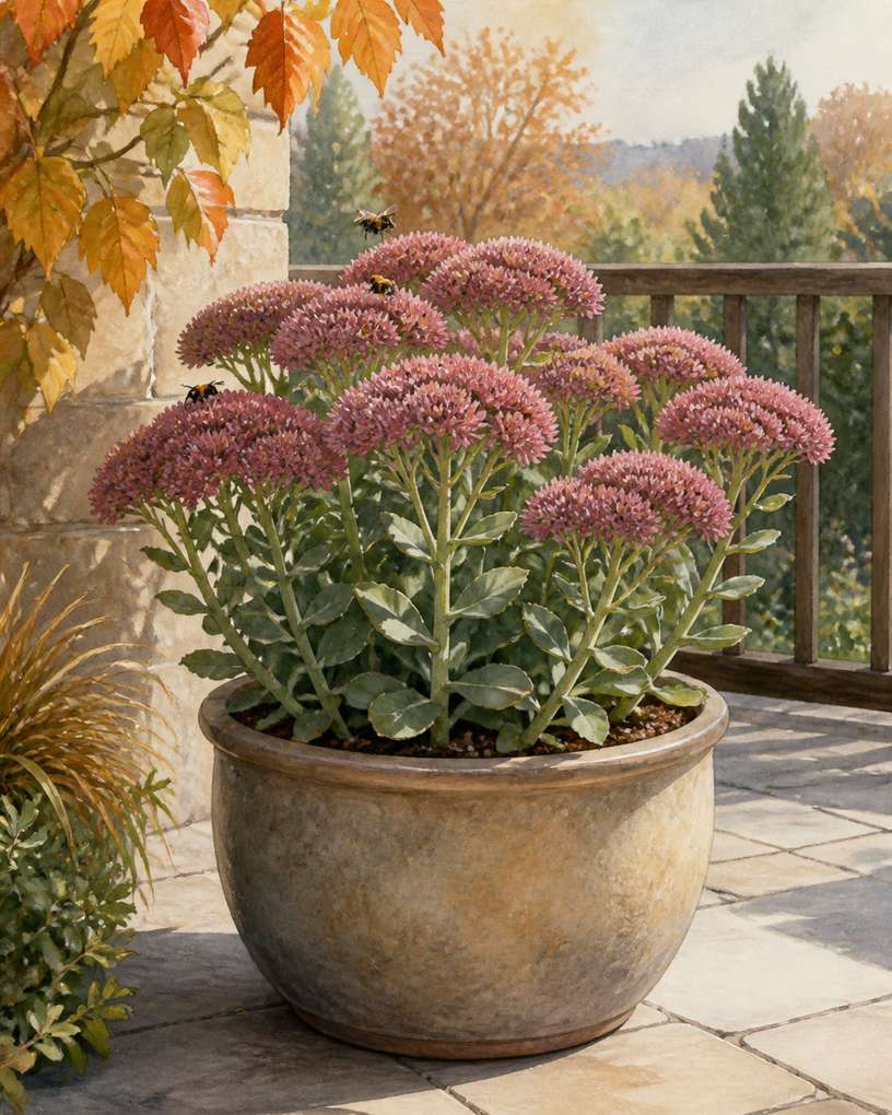 6. 'Autumn Joy' stonecrop for tidy late-season nectar — AI concept illustration