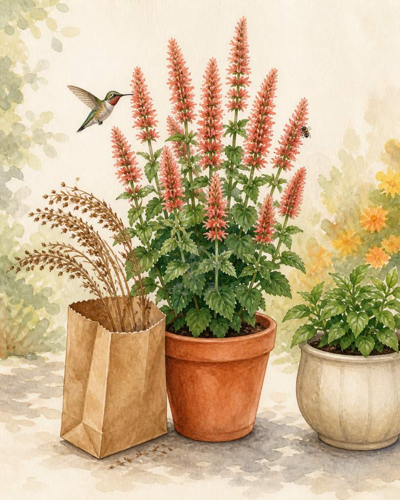 7. Compact hyssop with upright hummingbird flowers — AI concept illustration