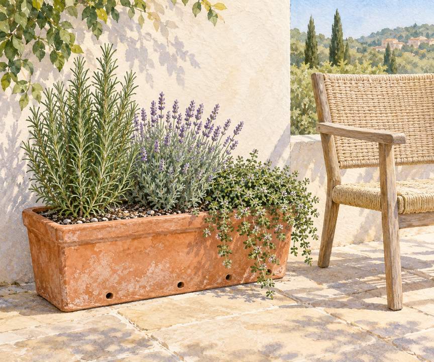 1. Rosemary, Lavender, and Thyme in a Dry, Sunny Trough — AI concept illustration