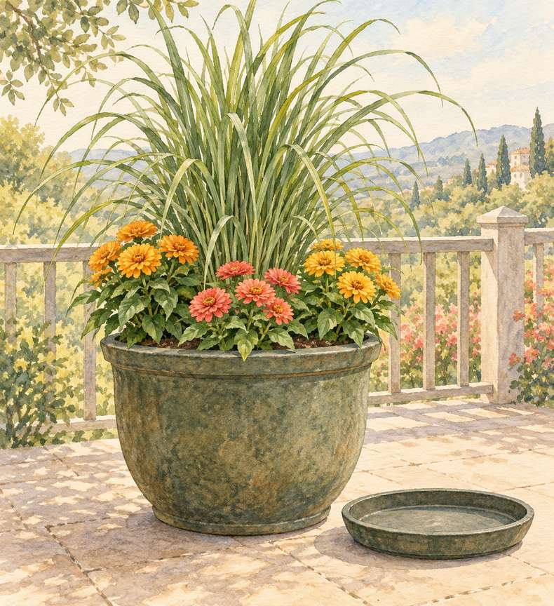 2. Lemongrass and Dwarf Zinnias in a 16-Gallon Pot — AI concept illustration