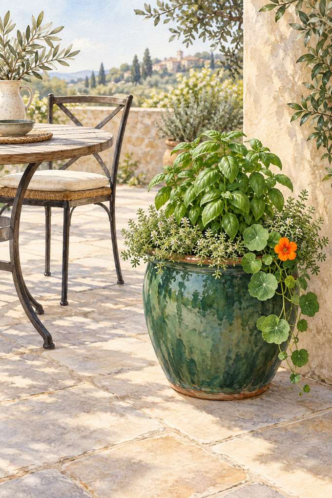 3. Basil, Lemon Thyme, and Nasturtium by the Dining Table — AI concept illustration