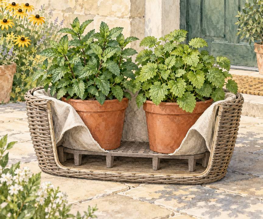 4. Mint and Lemon Balm in Separate Pots Inside One Basket — AI concept illustration
