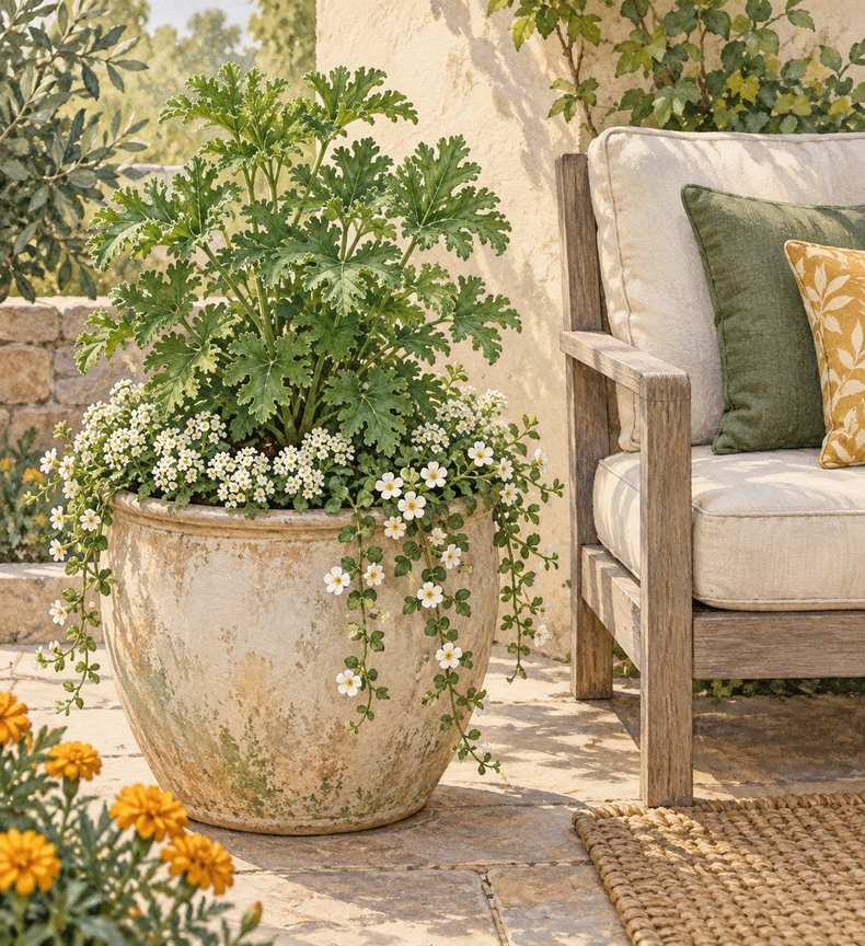 5. Citronella Geranium, Sweet Alyssum, and White Bacopa — AI concept illustration