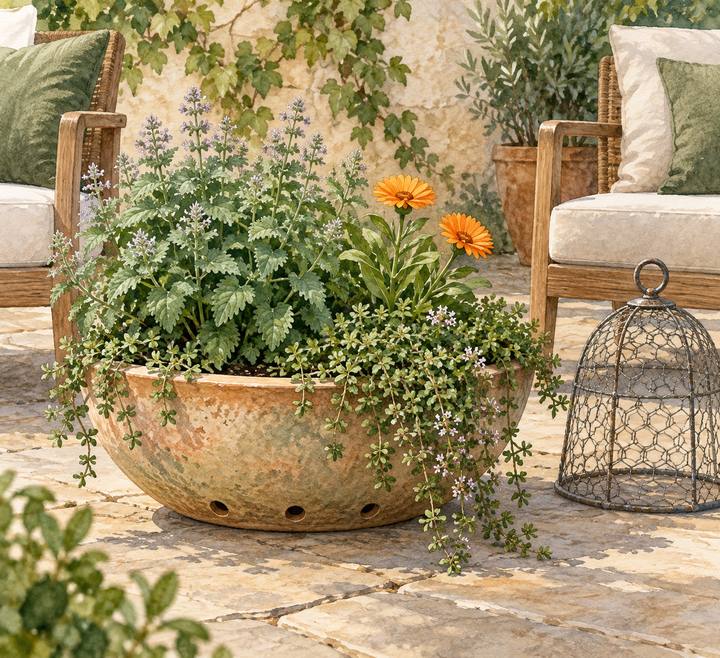 6. Catnip, Calendula, and Creeping Thyme in a Low Bowl — AI concept illustration