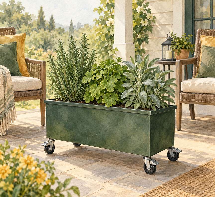 7. Rosemary, Scented Geranium, and Sage in a Rolling Planter — AI concept illustration