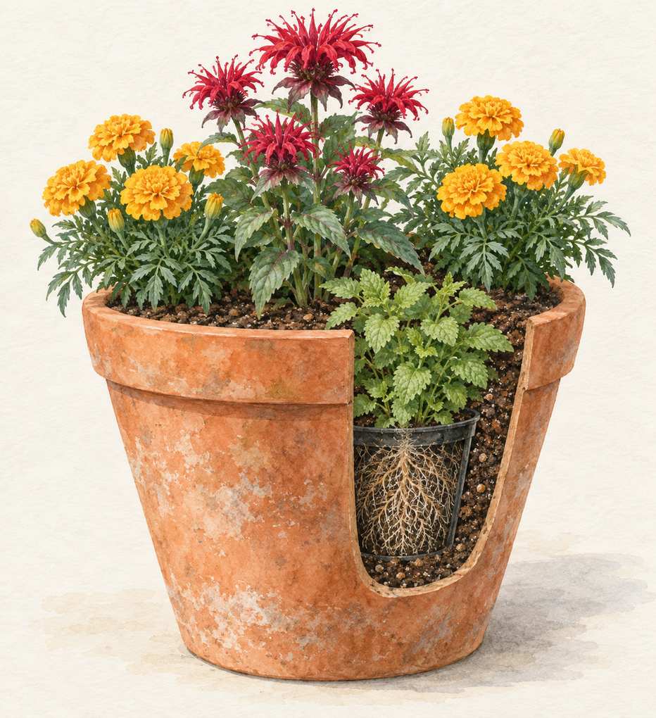 8. Bee Balm, Lemon Balm, and Dwarf Marigolds for Morning Sun — AI concept illustration