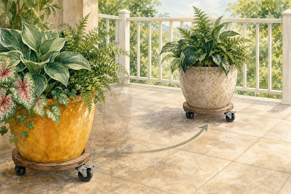 7. Keep Seasonal Pots on Locking Plant Caddies — AI concept illustration