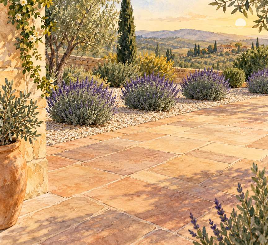 4. Frame a Hot Patio With Compact Lavender Mounds — AI concept illustration
