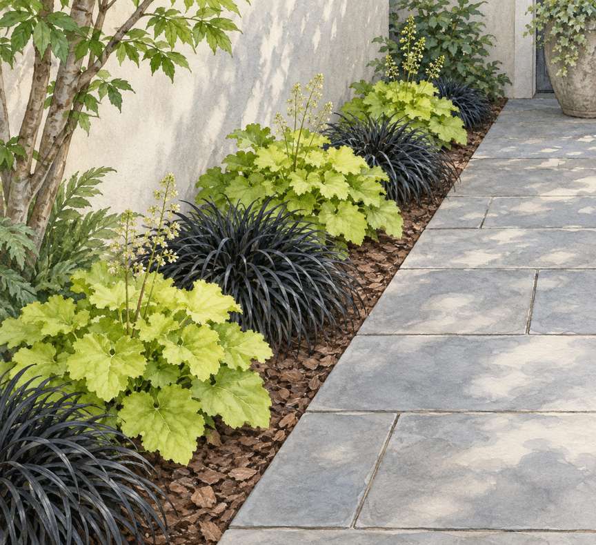 5. Brighten a Shady Edge With Coral Bells and Black Mondo — AI concept illustration