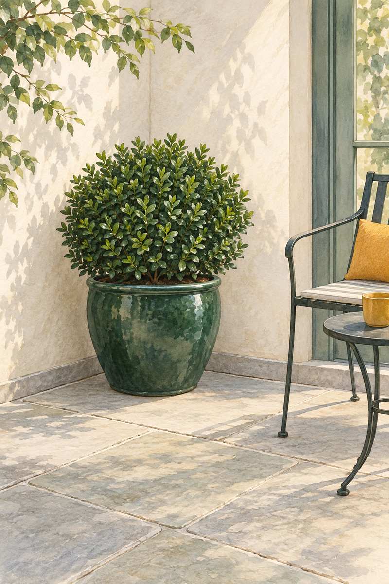 8. Soften One Corner With a Dwarf Evergreen Anchor — AI concept illustration