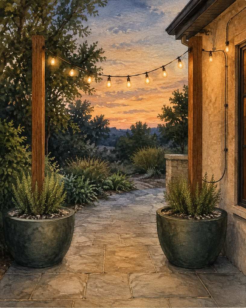 1. Anchor café lights in two weighted planters — AI concept illustration