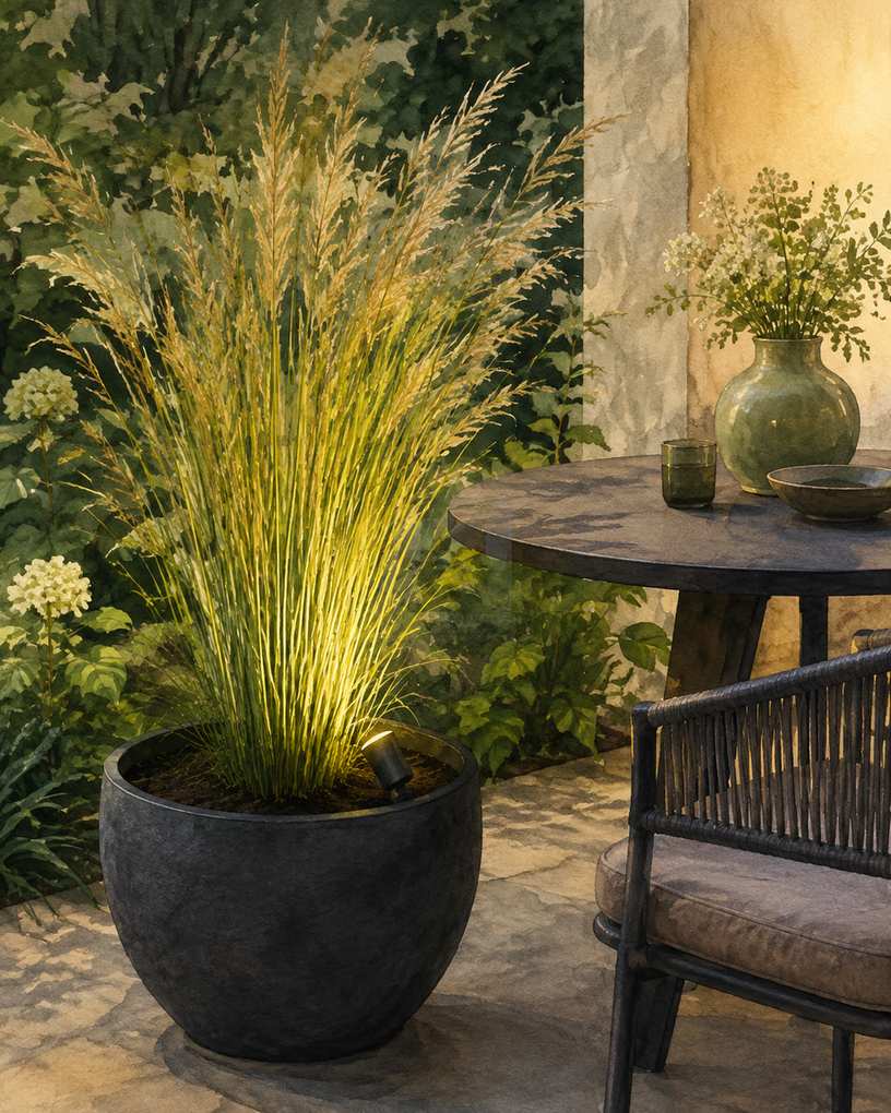 3. Uplight one ornamental grass from inside its pot — AI concept illustration