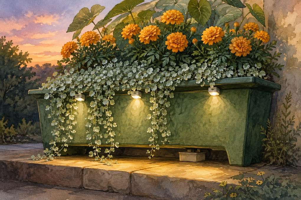 4. Clip warm lights beneath wide planter rims — AI concept illustration