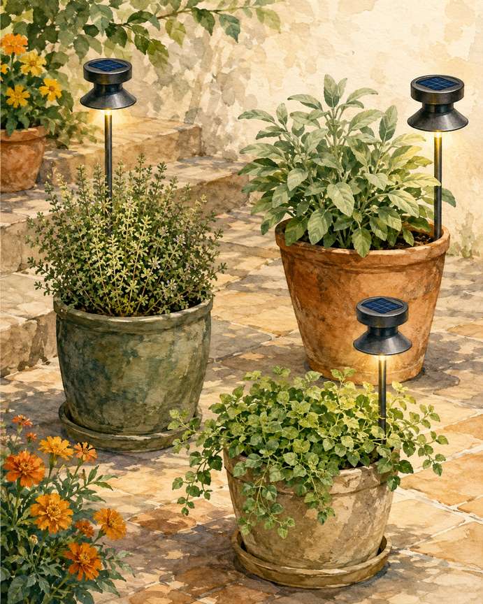 6. Add shielded solar stakes to the sunniest pots — AI concept illustration