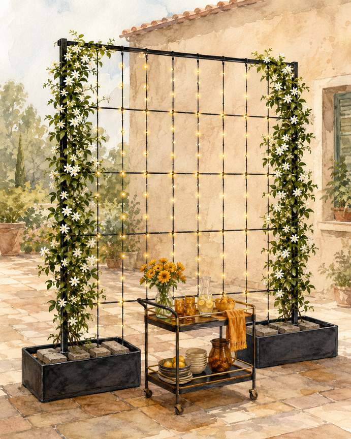 7. Hang curtain lights on a freestanding trellis — AI concept illustration