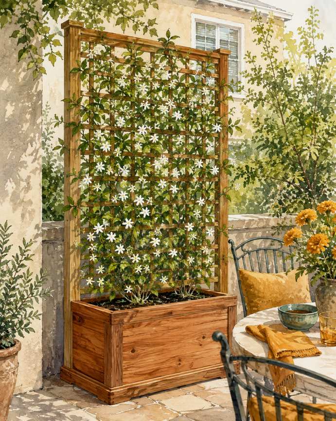 2. Train star jasmine on a freestanding cedar trellis — AI concept illustration