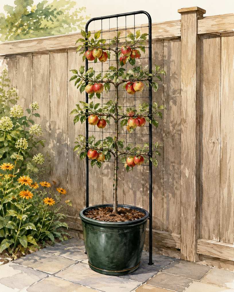 5. Espalier a dwarf apple against a wire frame — AI concept illustration