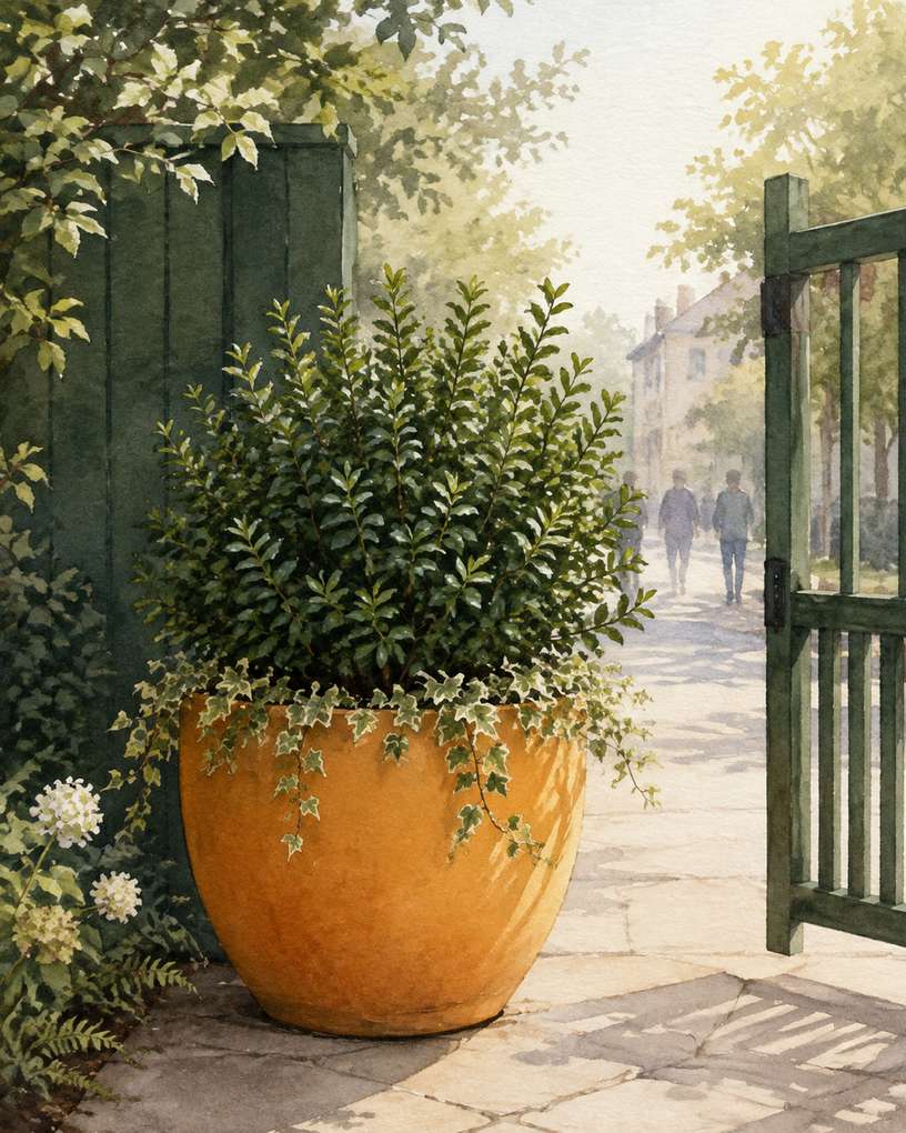 6. Layer dwarf holly with trailing ivy — AI concept illustration
