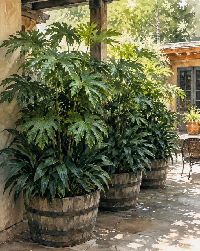 8. Stagger large-leaved shade plants in half barrels — AI concept illustration