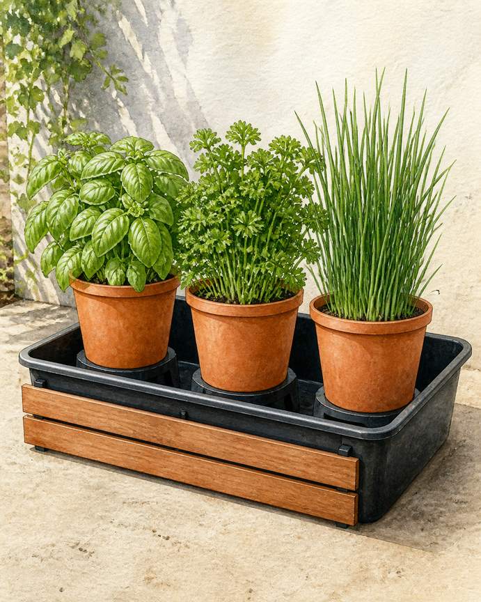 2. Group herb pots inside a mortar-mixing tub — AI concept illustration