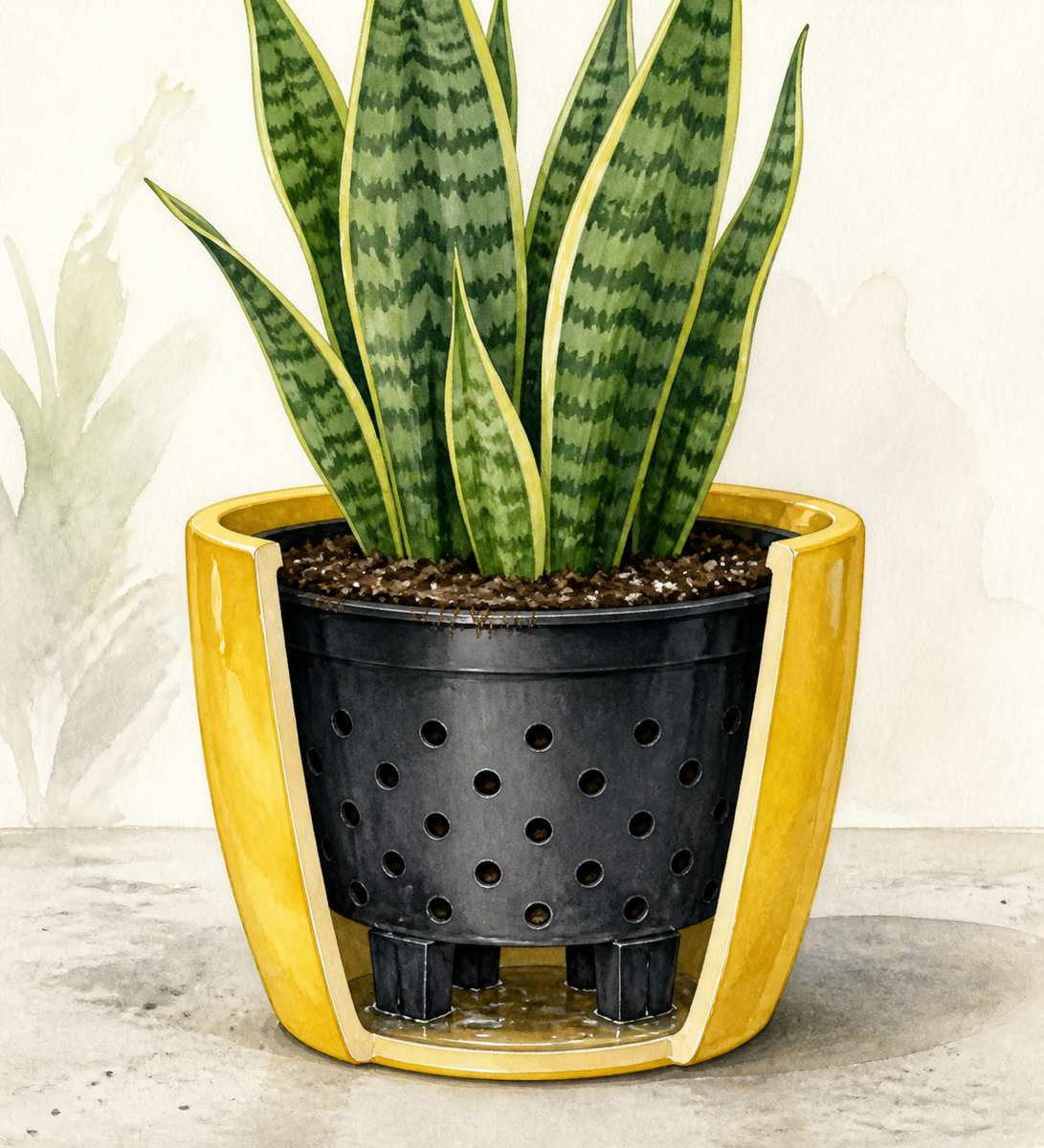 3. Double-pot plants in watertight cachepots — AI concept illustration