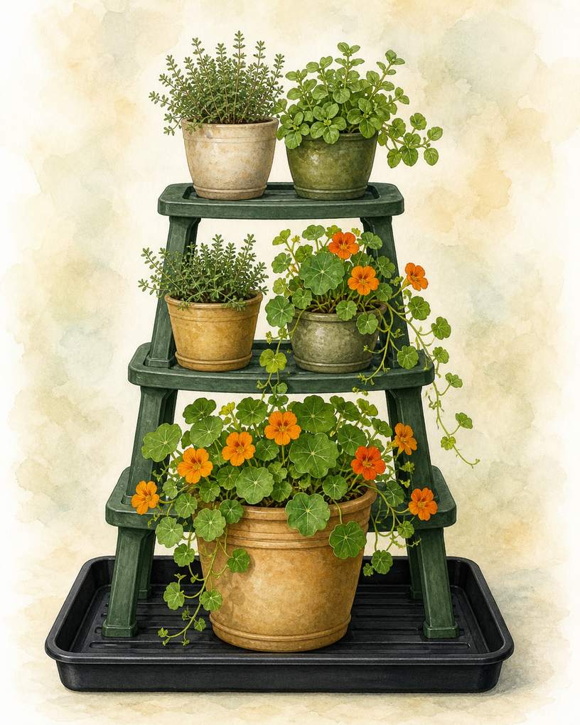 7. Center a tiered plant stand over one boot tray — AI concept illustration