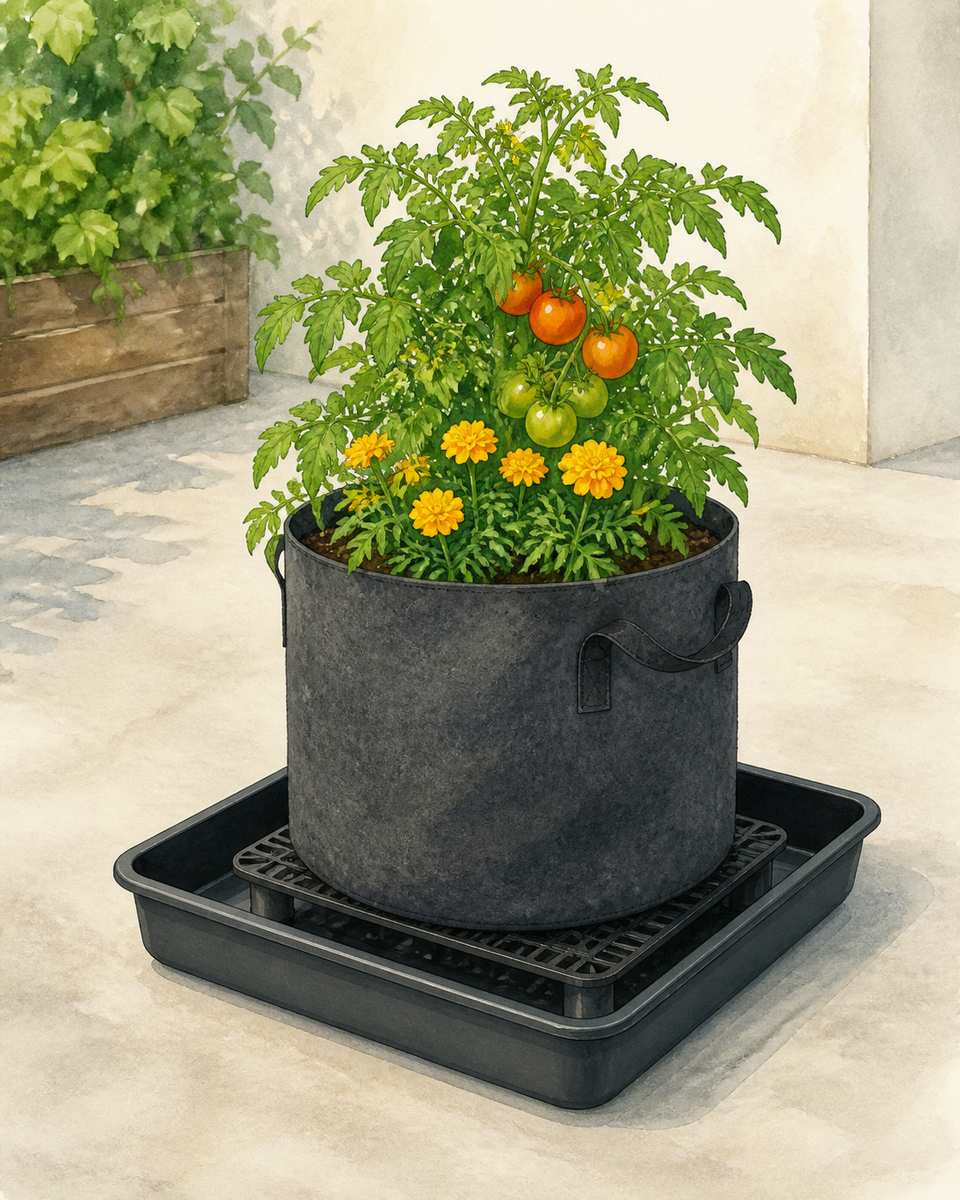 8. Put fabric grow bags on grates inside rigid trays — AI concept illustration