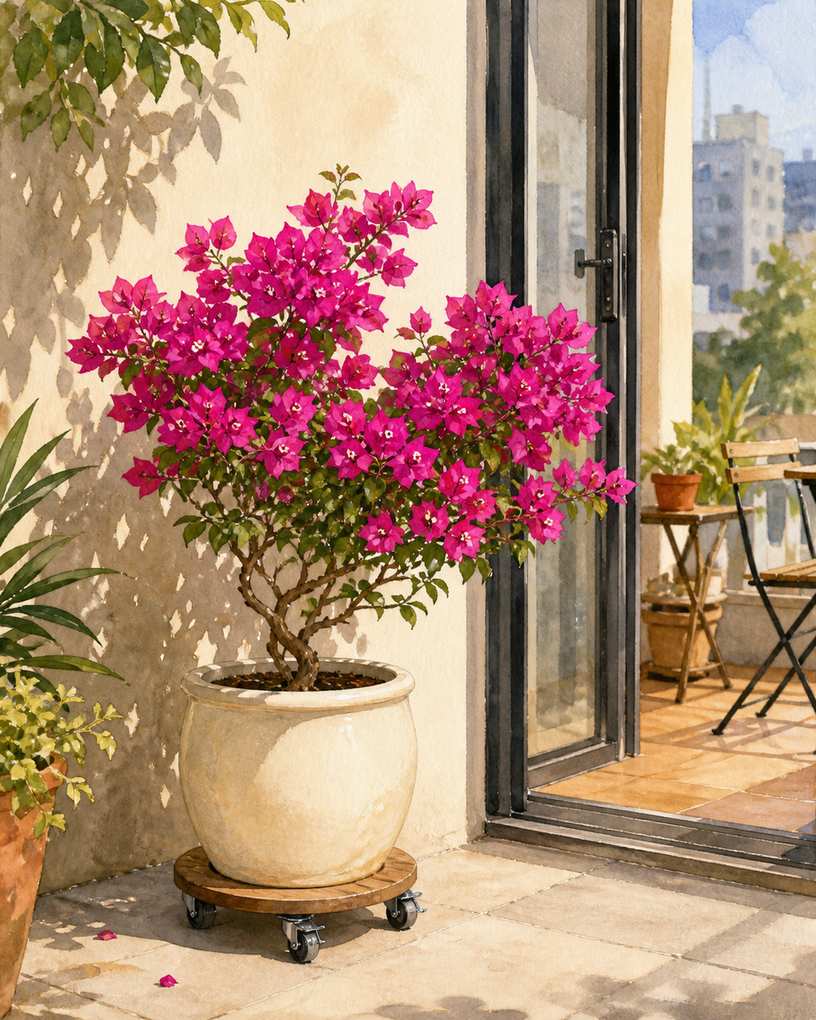 5. Dwarf bougainvillea on a rolling base — AI concept illustration