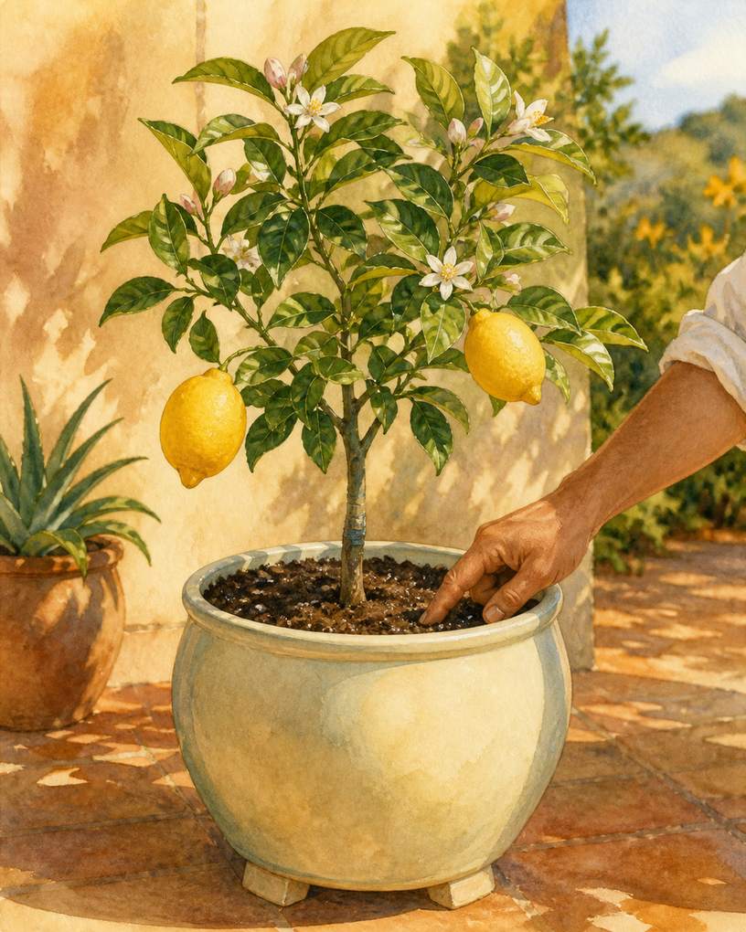 9. Dwarf Meyer lemon with a moisture plan — AI concept illustration