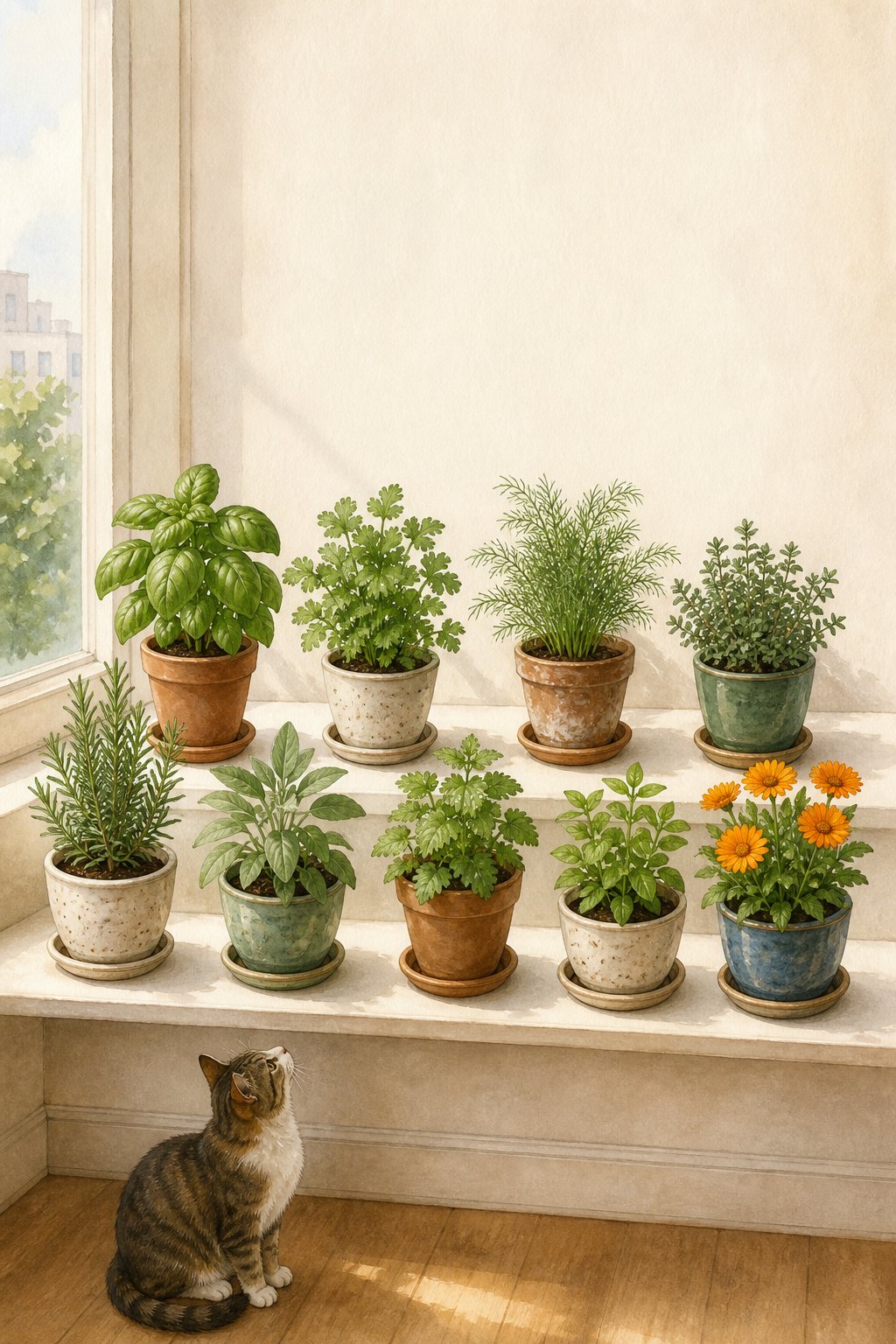 Pinterest pin: 9 Cat-Safe Herbs for Sunny Windowsills That Earn Their Tiny Footprint