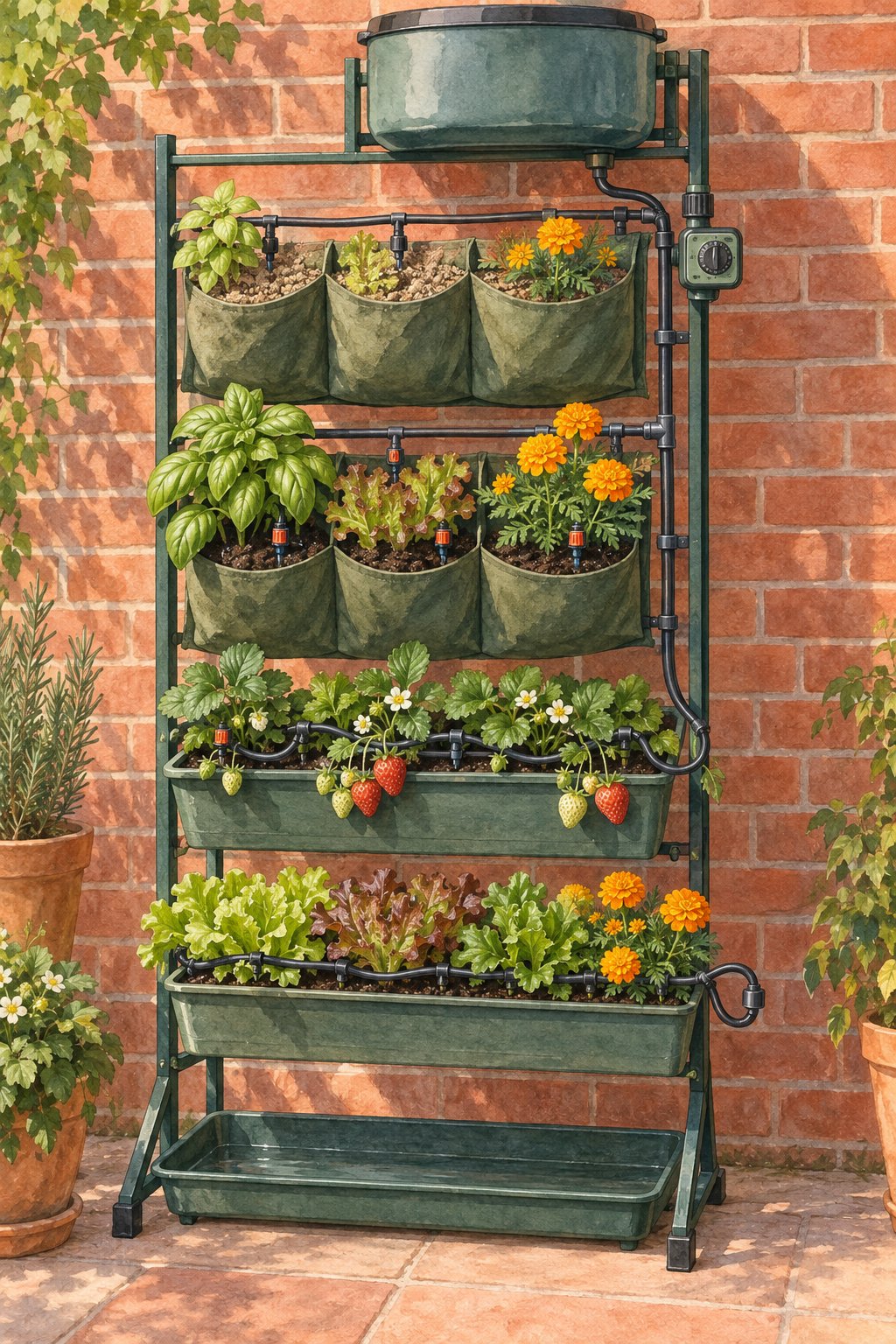 Pinterest pin: 9 Drip Irrigation Ideas for Vertical Planters That Dry Out Too Fast