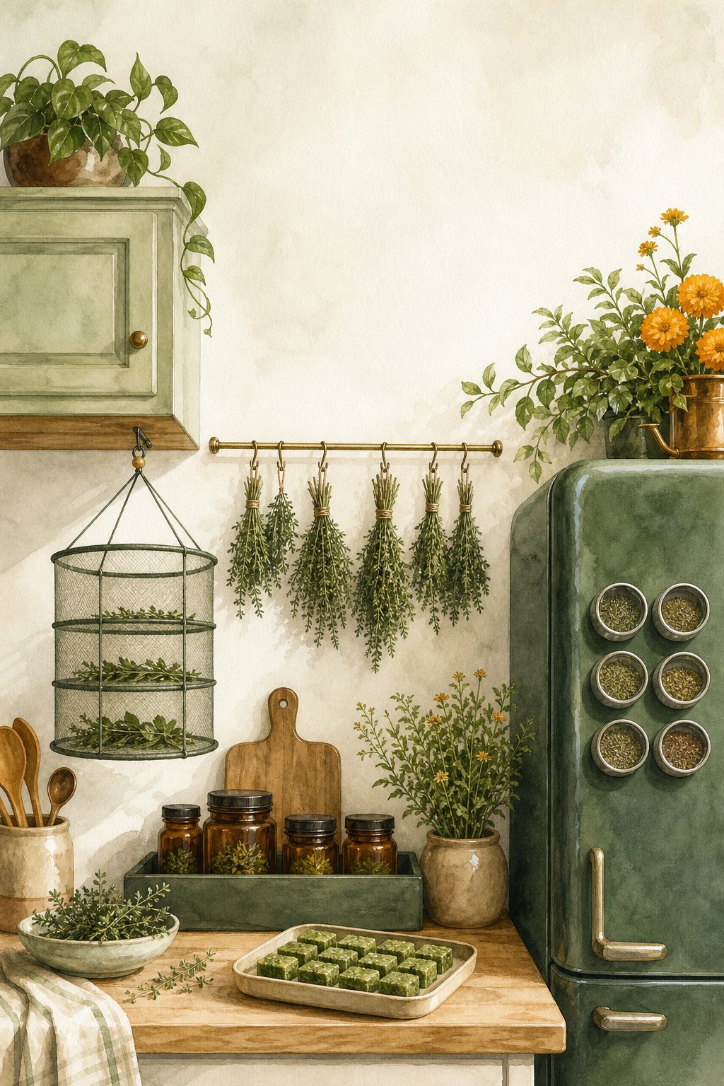 Pinterest pin: 9 Herb Drying and Storage Setups That Fit a Small Kitchen