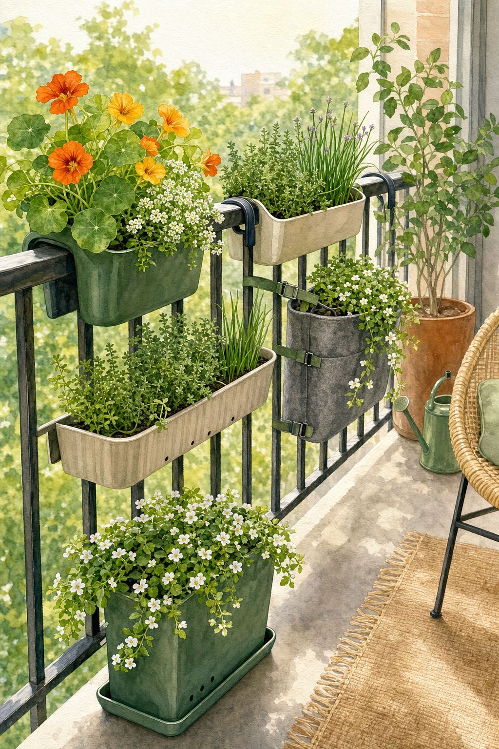 Pinterest pin: 9 No-Screw Balcony Railing Planter Ideas That Keep Landlords Happy