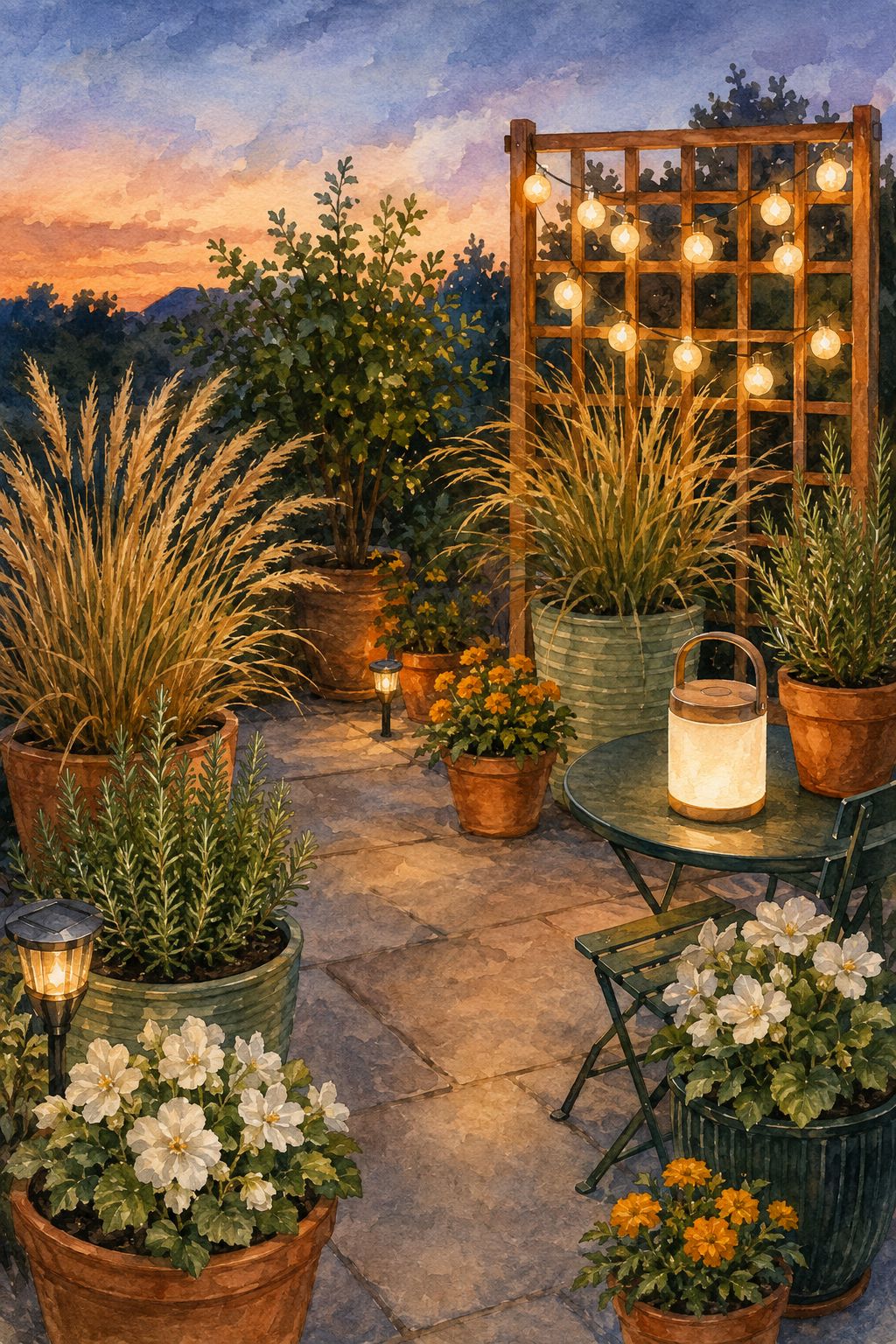 Pinterest pin: 9 Patio Container Garden Lighting Ideas for Evening Entertaining