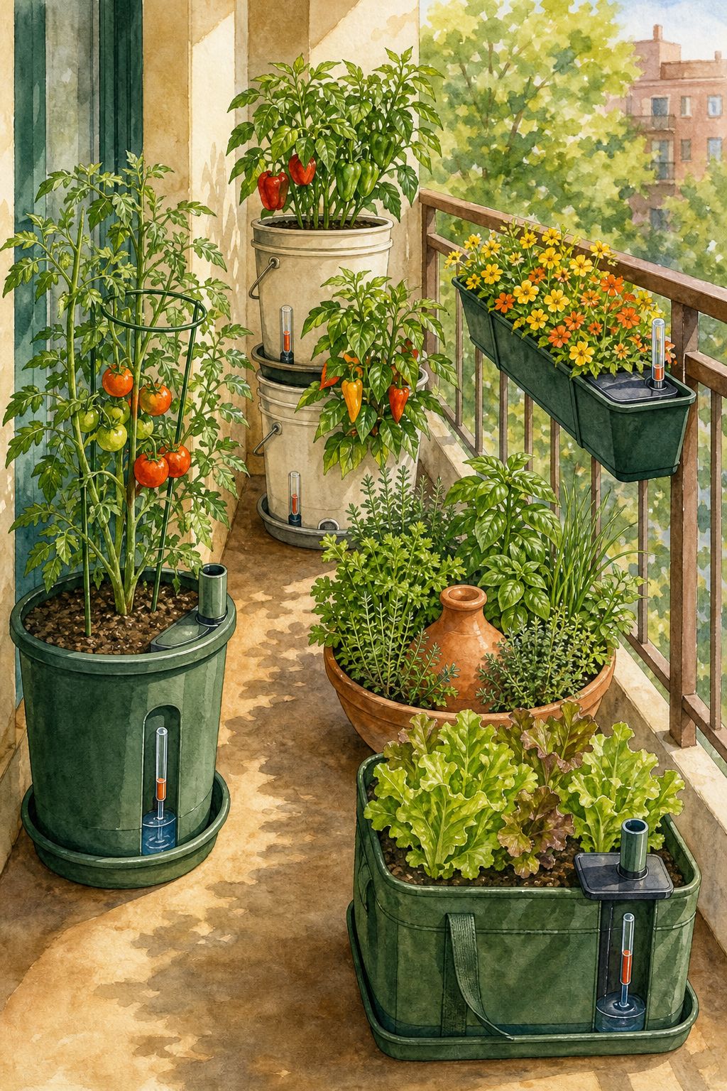 Pinterest pin: 9 Self-Watering Container Garden Ideas for Hot Summers and Busy Renters